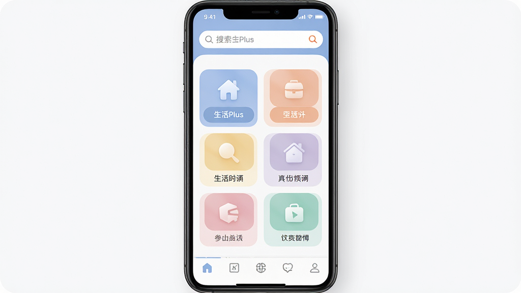 生活Plus软件主界面整体展示,主体为一部智能手机屏幕,屏幕上呈现生活Plus应用的首页布局,包含顶部搜索栏、中部功能图标网格和底部导航菜单,布局清晰有序,排版简洁大方,风格为现代扁平化设计,细节上图标色彩柔和、文字标注清晰,画质高清,画面干净,无多余元素