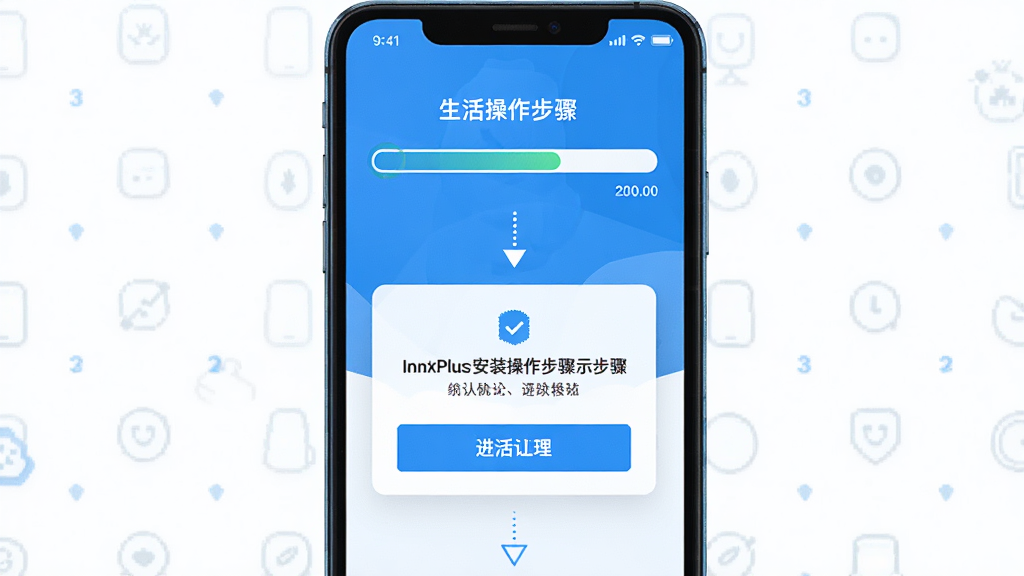 生活Plus安装操作步骤示意图,主体为手机屏幕显示安装进度条和权限确认弹窗,布局为纵向排列展示安装流程,风格为简洁明快的蓝色调,细节上进度条和按钮清晰可见,画质高清,画面干净,无多余元素