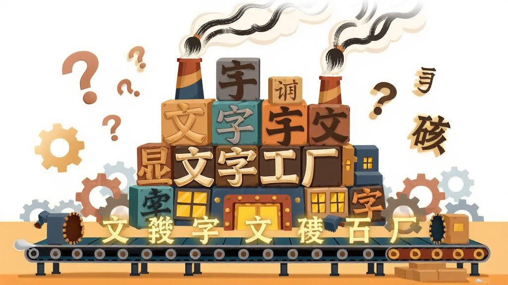 主体是一个充满汉字元素的工厂场景,布局为中央矗立着一座由各种汉字方块堆砌而成的工厂建筑,烟囱冒出由笔画组成的烟雾,排版为画面下方有流水线传送带运送着发光的中文字符,风格为扁平化卡通插画风格,细节包括工厂窗户透出暖黄色灯光、周围漂浮着问号和部首偏旁、地面有齿轮和传送带纹路,画质清晰干净,无多余元素,画面中文字包括“文字工厂”