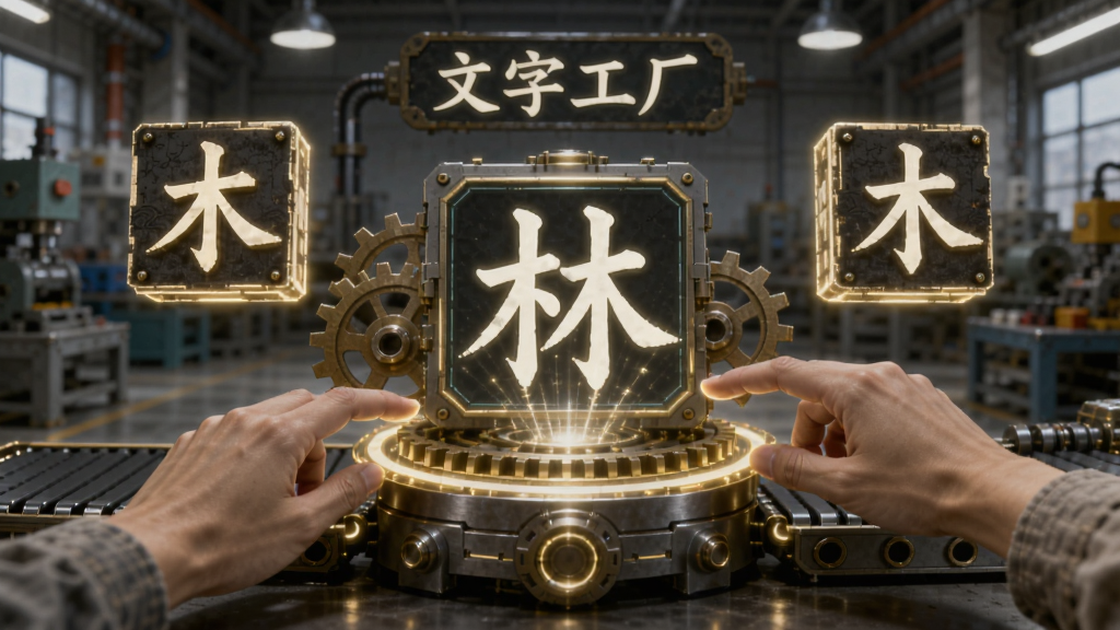 主体是两只手正在操作一个发光的汉字合成台,布局为画面中央是合成台,左侧漂浮“木”字方块,右侧漂浮“木”字方块,合成台中央显示“林”字正在成型,排版为横向构图,风格为写实科技感与国风结合,细节包括合成台有金色光晕、周围有齿轮和传送带、背景是工厂车间,画质高清干净,画面中文字包括“文字工厂”