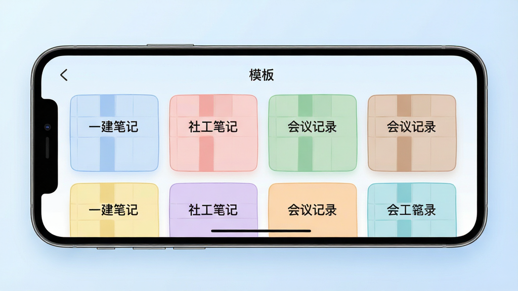 一张展示四色笔记模板库界面的AI生图,画面中一部手机横屏展示,屏幕内呈现四色笔记应用的模板选择页面,页面上排列着多个模板卡片,卡片上标注着“一建笔记”“社工笔记”“会议记录”等字样,卡片配色柔和,背景为浅蓝色渐变,整体风格简洁商务,画质干净,无多余元素。