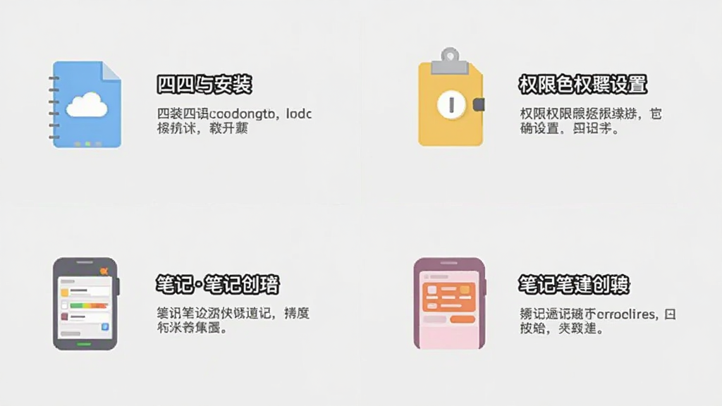 一张展示四色笔记新手操作步骤的AI生图,画面为手机屏幕截图风格,屏幕上分步骤展示四色笔记的安装、权限设置和笔记创建流程,每一步都有简洁的图标和文字说明,背景为浅灰色,风格扁平化,画质清晰,无多余元素。