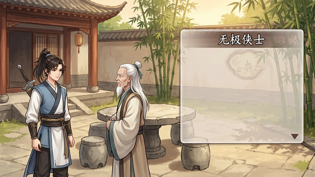 一幅横版游戏剧情场景图,画面左侧是一位面容清秀的年轻侠客正在与一位白发老者对话,背景是古色古香的庭院,院中有石桌石凳与竹林。画面右侧浮现半透明的对话框,上方有“无极侠士”字样的标题。整体风格为2D国风游戏界面,色调温暖柔和,细节精致,画质清晰,干净,无多余元素。