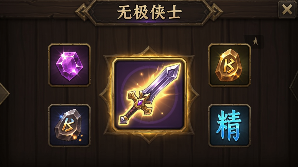 一幅游戏装备界面展示图,画面中央是一个发光的剑形装备图标,周围环绕着宝石、强化石、精炼符等道具图标。背景是深色木质纹理界面,上方有“无极侠士”字样。整体风格为游戏UI展示,色调以金色、紫色、蓝色为主,细节丰富,画质清晰,干净,无多余元素。