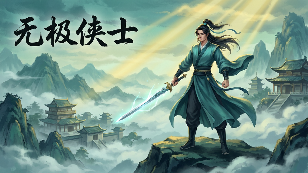 一幅国风玄幻风格的游戏场景插画,画面中央是一位身穿飘逸长袍、手持长剑的侠客站在云雾缭绕的山巅之上,背景是层叠的远山与古典建筑群,天空中飘着几缕金色霞光。画面左上角有古朴的书法字体写着“无极侠士”四个字。整体色调以青绿、墨蓝、金色为主,风格为东方玄幻插画,细节丰富,人物衣袂飘动,剑身泛着微光,画质清晰,干净,无多余元素。