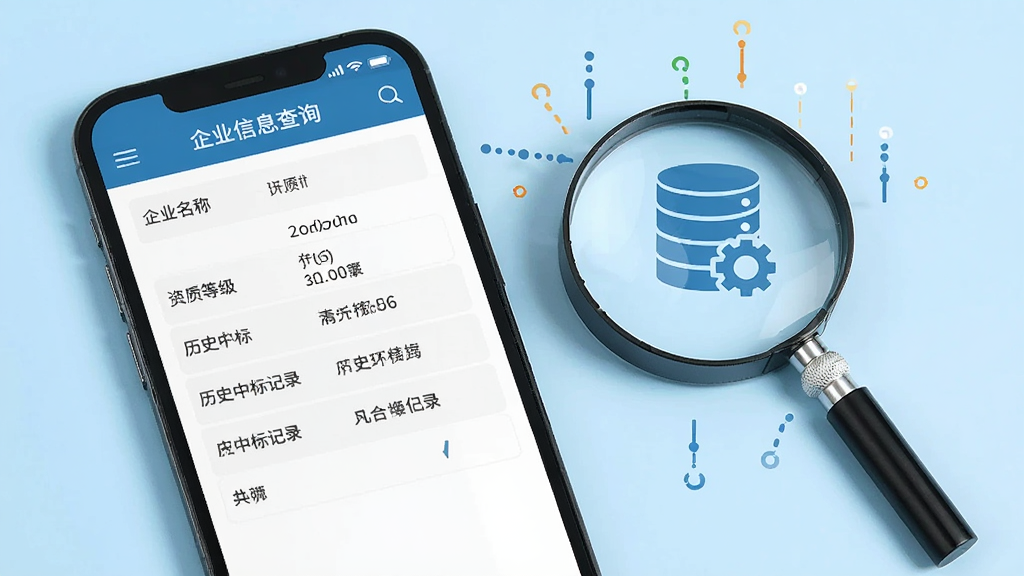 一部手机显示企业信息查询页面,页面中包含企业名称、资质等级、历史中标记录等条目,手机旁边放置一个放大镜与数据库图标,背景为浅蓝色,整体风格商务简洁,细节清晰,画质干净,无多余元素
