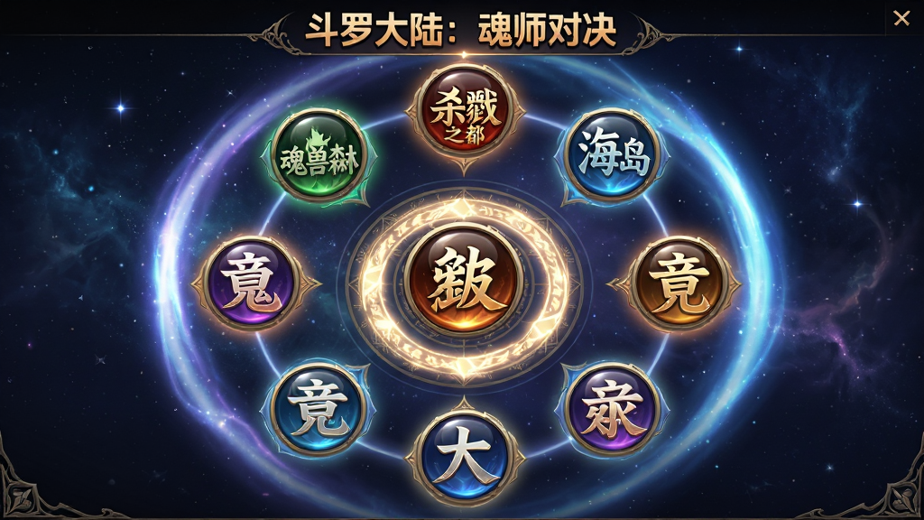 画面主体为斗罗大陆:魂师对决玩法模式选择界面,中央展示多个玩法入口图标环绕排列,包括魂兽森林、杀戮之都、海神岛、竞技场等,背景为星空与魂环光晕,布局采用圆形放射状构图,图标均匀分布在画面中央周围,排版上顶部显示“斗罗大陆:魂师对决”标题,风格为科技感与奇幻感结合的UI设计,细节包括图标的光泽质感、背景星云纹理、边框装饰纹路,画质为高清、干净、无多余元素