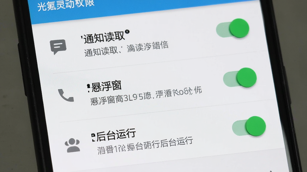 一张手机屏幕显示光氪灵动权限设置界面,画面中有通知读取、悬浮窗、后台运行三个权限开关,布局为纵向列表,风格为安卓系统设置页面,细节包括绿色开关按钮、灰色说明文字、清晰图标,画质高清,干净,无多余元素