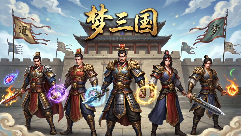 梦三国游戏主界面全景展示,主体为五位三国英雄角色并排站立于古代城楼前,布局采用横向对称排列,排版上方居中显示“梦三国”金色书法字体,风格为中国风奇幻竞技,细节包含角色铠甲纹路、技能光效环绕、背景飘动的战旗与祥云,画质高清,干净,无多余元素