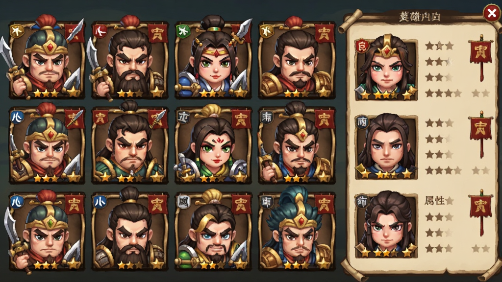 梦三国英雄选择界面,主体为十二位Q版三国英雄头像整齐排列,布局为四行三列网格,排版右侧显示英雄详细属性面板,风格为卡通国风,细节包含每位英雄的武器标识、星级评定、阵营旗帜,画质清晰,干净,无多余元素