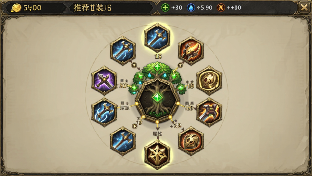 梦三国装备商店界面,主体为六边形装备图标围绕中央合成树,布局为环形放射状,排版上方显示金币数量与推荐出装,风格为暗金质感,细节包含装备光效、合成路径连线、属性加成数值,画质精细,干净,无多余元素