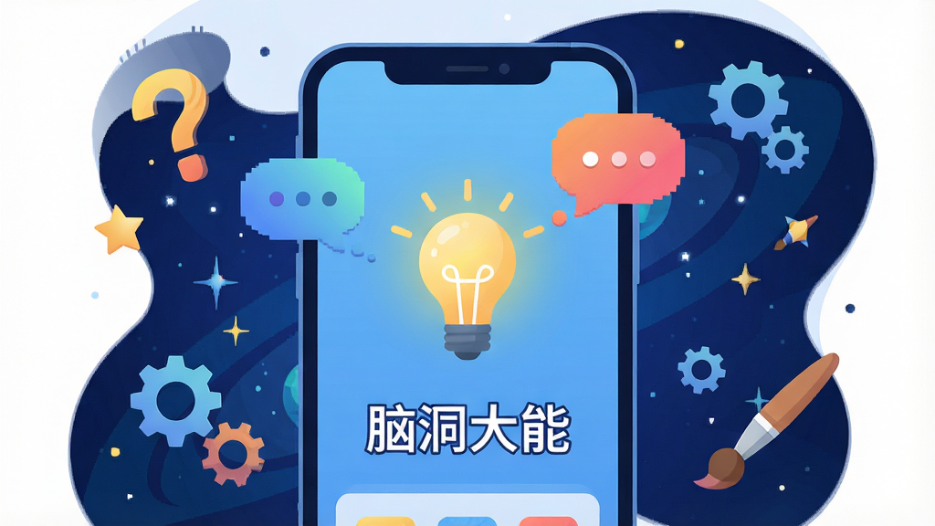 一张展示手机屏幕的插画,屏幕中央是“脑洞大能”软件的主界面,界面上有发光的灯泡图标和漂浮的彩色思维气泡,背景是深蓝色的宇宙星空,周围环绕着问号、齿轮、画笔等创意元素,整体风格为扁平化科技感,画面干净明亮,无多余文字,画质高清。