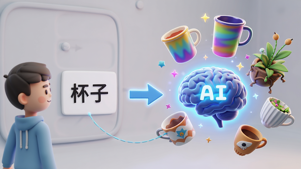 一张展示“脑洞大能”软件生成过程的示意图,画面左侧是用户输入“杯子”二字,右侧通过箭头连接到一个发光的AI大脑,大脑周围迸发出各种奇特的杯子设计,如悬浮杯、变色杯、植物杯等,风格为3D卡通渲染,色彩鲜艳,背景简洁,重点突出创意生成的神奇效果,画质清晰。