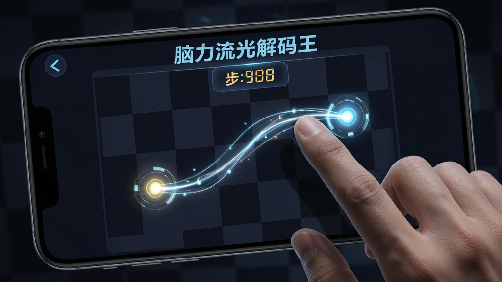 画面为“脑力流光解码王”游戏内操作示意图,一只手在手机上滑动连接两个发光圆点,背景是深色棋盘。布局为特写镜头,屏幕中显示流光轨迹和步数计数器。排版突出操作手势。风格为写实科技风,细节包括手指阴影、光点、数字。画质高清,干净,无多余元素