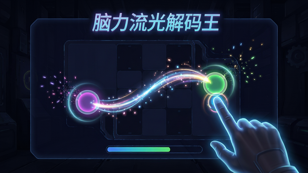 画面主体为“脑力流光解码王”游戏界面,一根发光手指正在连接两个彩色节点,节点间有流光轨迹。布局为第一人称视角,屏幕中央是解谜盘面,周围有淡淡的暗色背景。排版突出流光轨迹。风格为霓虹光效与益智游戏结合,细节包括粒子飞散、光晕、进度条。画质高清,干净,无多余元素
