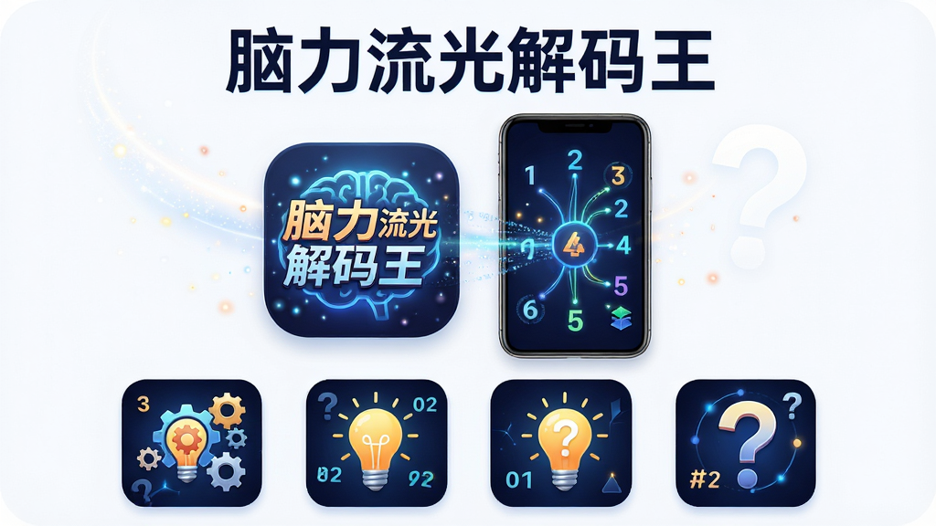 画面中心是“脑力流光解码王”应用图标与手机屏幕,屏幕内展示发光线条连接数字与图形。布局为居中构图,上方标题“脑力流光解码王”,下方整齐排列四张游戏关卡缩略图。排版清晰,风格为科技感与益智风结合,细节包括流光粒子、齿轮、灯泡、问号。画质高清,干净,无多余元素