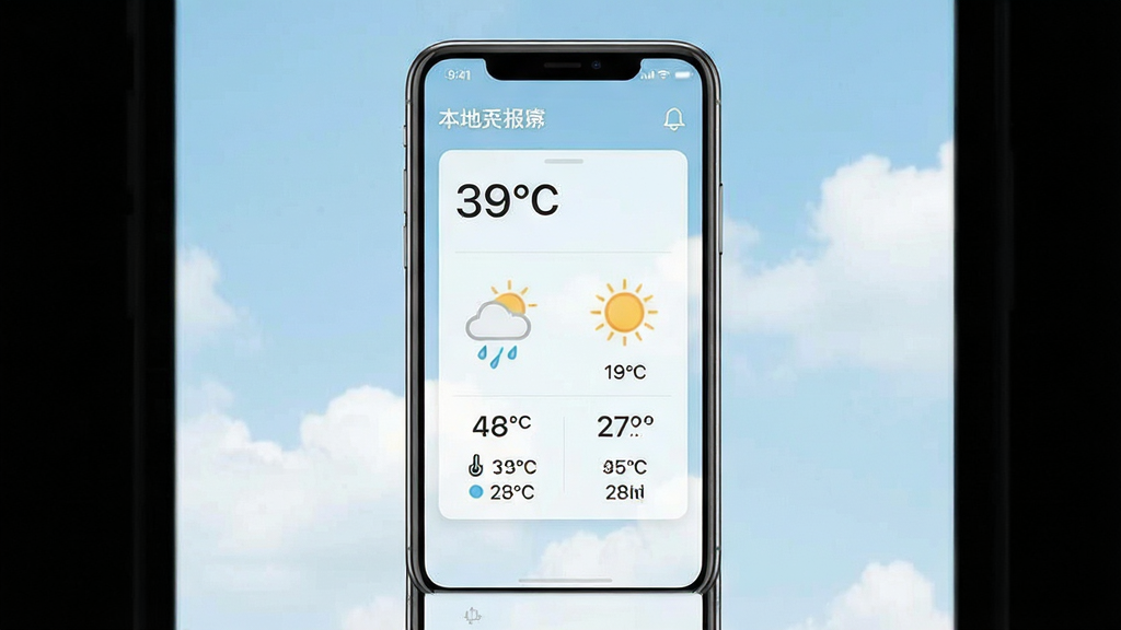 一张展示本地天气实时报软件界面的手机预览图,画面中央是一部现代智能手机,屏幕上显示着清晰的天气信息卡片,包括温度数字、天气图标、湿度、风速等数据,背景是淡蓝色的天空与白云,整体布局简洁明快,风格清新现代,细节上突出界面文字的清晰度与图标设计的精致感,画质干净,无多余元素,整体呈现出专业天气应用的真实使用场景