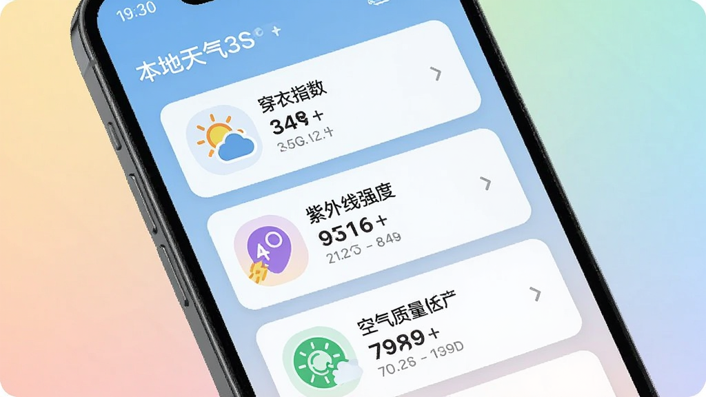 一张展示本地天气实时报轻量运行与生活指数功能的手机界面图,画面中手机屏幕显示着穿衣指数、紫外线强度、空气质量等生活提示卡片,背景是柔和的渐变色,整体排版采用卡片式布局,风格简约清新,细节上突出各项指数的图标与文字说明,画质干净,无多余元素
