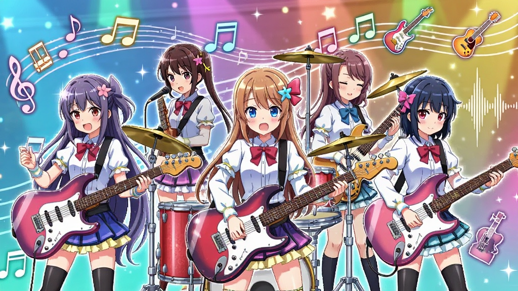 梦想协奏曲!少女乐团派对!游戏界面截图风格插画,画面主体为五位动漫少女组成的乐队在色彩斑斓的音乐空间中演奏,周围漂浮着音符与乐器图标,布局采用横向展开的舞台视角,风格为日系赛璐璐动漫风格,细节包括少女们生动的表情、乐器的高光质感、背景中流动的五线谱与音波特效,画质高清,画面干净,无多余元素