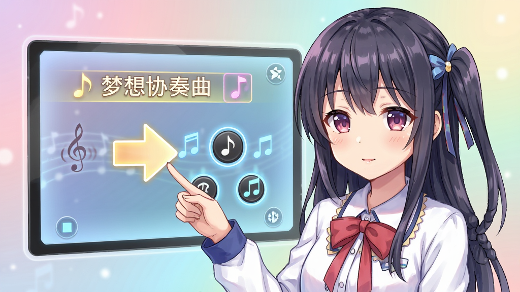 梦想协奏曲!少女乐团派对!新手教程界面风格插画,画面主体为一位动漫少女用手指向屏幕上的教学指示箭头,旁边有音符和按键图标,布局采用角色与界面元素左右分布的构图,风格为日系动漫风格,细节包括少女耐心的表情、界面上的高亮提示框、背景中柔和的渐变色彩,画质高清,画面干净,无多余元素