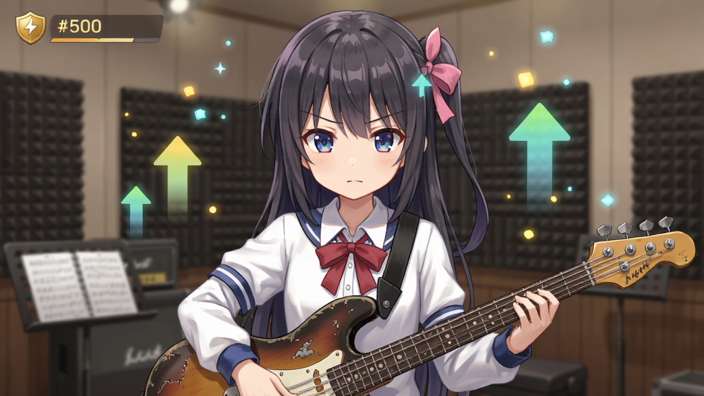 梦想协奏曲!少女乐团派对!角色养成界面风格插画,画面主体为一位动漫少女手持乐器站在练习室中,周围环绕着代表经验值的光点和升级箭头,布局采用角色居中的半身像构图,风格为日系动漫风格,细节包括少女认真的表情、乐器上的磨损痕迹、练习室内的隔音墙与谱架,画质高清,画面干净,无多余元素