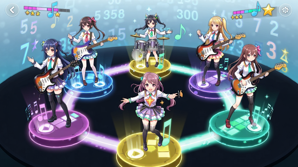 梦想协奏曲!少女乐团派对!多人协力模式界面风格插画,画面主体为五位动漫少女分别站在五个彩色音符平台上,通过光带相互连接,布局采用环形排列的构图,风格为日系科幻动漫风格,细节包括每位少女手中的乐器、平台上的节奏光效、背景中流动的得分数字与连击提示,画质高清,画面干净,无多余元素