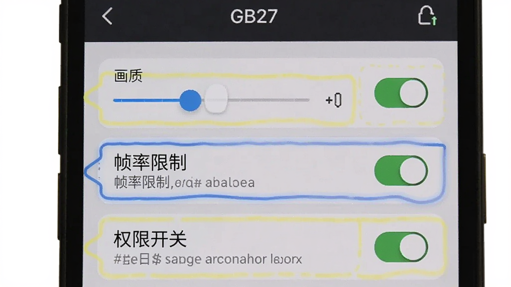 主体为手机屏幕显示GB27设置界面,画面中高亮标注画质调节、帧率限制和权限开关选项,布局为纵向列表排版,风格为扁平化UI设计,细节包括滑块控件、开关按钮、说明文字,画质清晰,干净,无多余元素