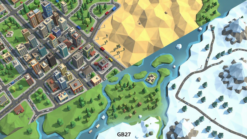 主体为GB27开放世界地图俯瞰视角,画面中包含城市建筑群、沙漠区域和雪地地形,布局为对角线分割构图,排版展现地图多样性,风格为低多边形艺术风格,细节包括道路网格、车辆模型、树木植被,画质明亮,干净,无多余元素
