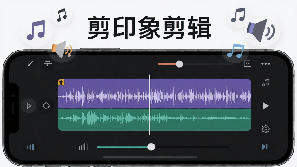 一张展示剪印象剪辑音频处理功能的图片,画面为手机屏幕显示音频波形轨道与音量滑块,周围漂浮音符与喇叭图标,风格现代简约,布局上下结构,细节清晰,画质干净,画面中带文字