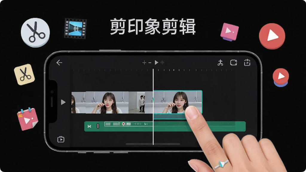 一张展示剪印象剪辑轻量剪辑功能的宣传图,画面主体为一台横屏手机,屏幕内显示视频时间轴与分割线,手指正在拖动片段,周围漂浮剪刀、胶片、播放按钮等小图标,风格扁平化,布局左右均衡,细节精致,画质干净,画面中带文字