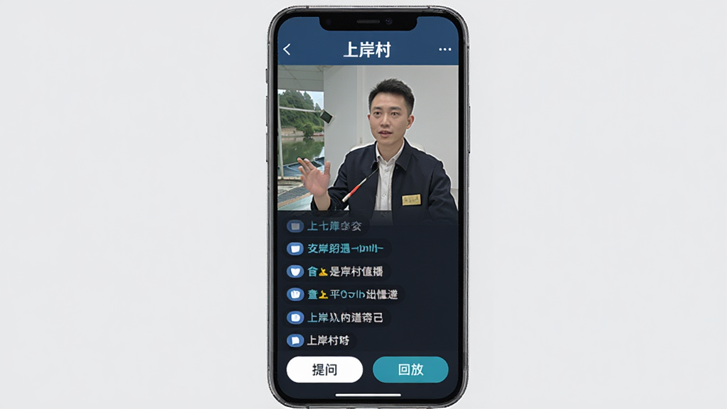 上岸村APP直播课程界面,手机屏幕显示老师授课画面,下方有弹幕互动区域,顶部标注