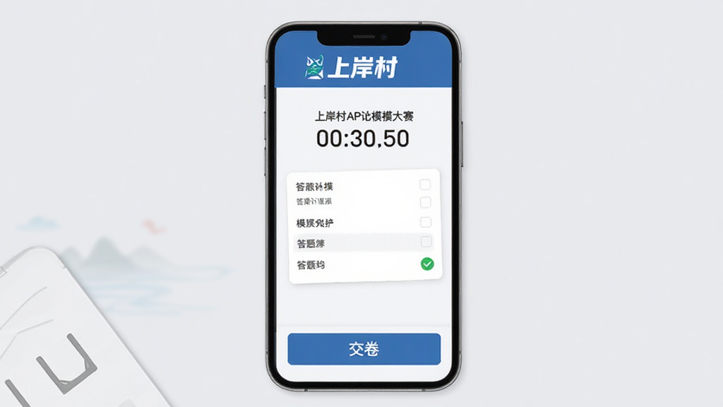 上岸村APP模考大赛界面,手机屏幕显示考试倒计时和答题卡,顶部有