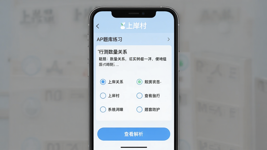 上岸村APP题库练习界面,手机屏幕显示行测数量关系题目,题干清晰,下方有四个选项,底部有