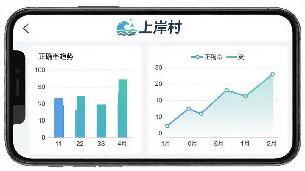 上岸村APP学习数据统计界面,手机屏幕展示柱状图和折线图,显示正确率变化趋势,顶部有