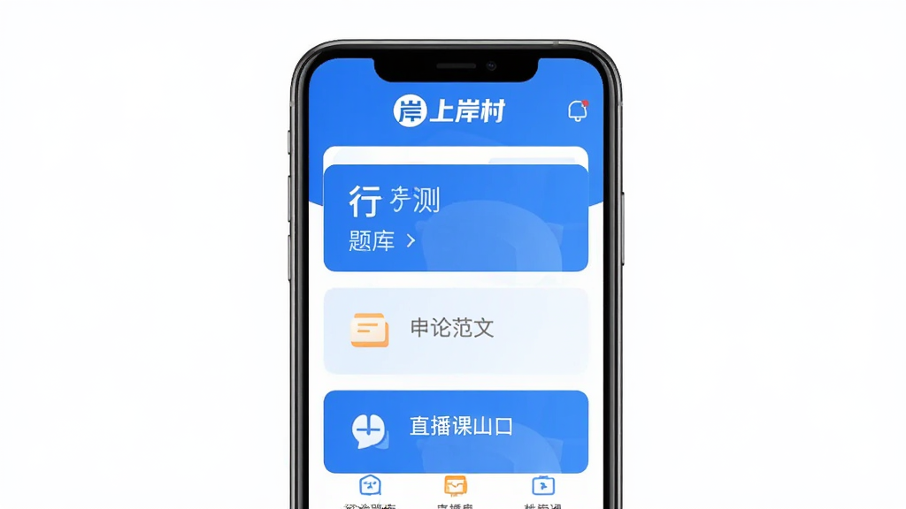 上岸村APP主界面展示,手机屏幕中央显示公考刷题界面,顶部有
