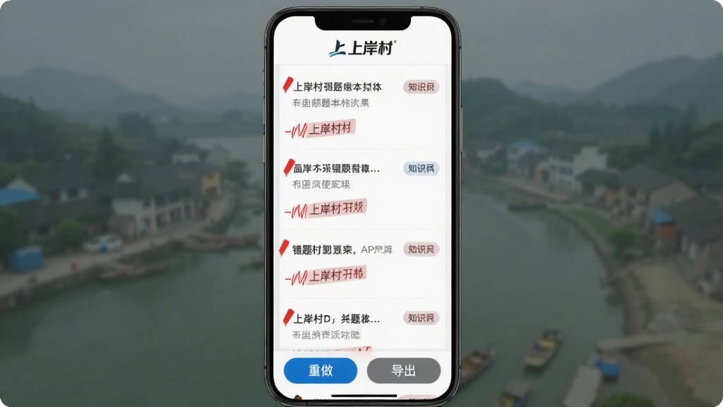 上岸村APP错题本功能界面,手机屏幕展示错题列表,每道题旁边有红色标记和知识点标签,顶部有