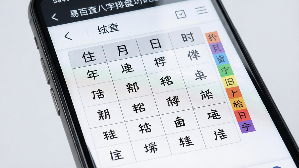 一张体现易百查八字排盘功能的特写图,画面主体为手机屏幕上的八字排盘结果页面,屏幕上用清晰的表格展示年柱、月柱、日柱、时柱及对应的天干地支,旁边有五行颜色标注,背景为柔和的浅灰色,布局为居中展示,风格为简约商务风,细节处屏幕有轻微反光,画质高清,干净无杂乱元素。