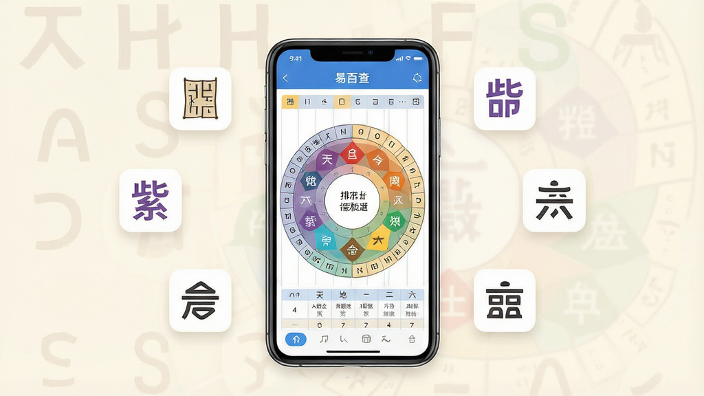 一张展示易百查软件核心功能的综合场景图,画面中央是一部智能手机,手机屏幕上清晰显示着易百查App的排盘界面,包含天干地支、五行属性等元素,手机周围悬浮着八字、紫薇、六爻等命理符号的简约图标,背景为淡雅的米白色,布局采用中心构图,风格为现代扁平化科技风,细节处体现排盘表格的精致线条,画质清晰,干净整洁,无多余元素。
