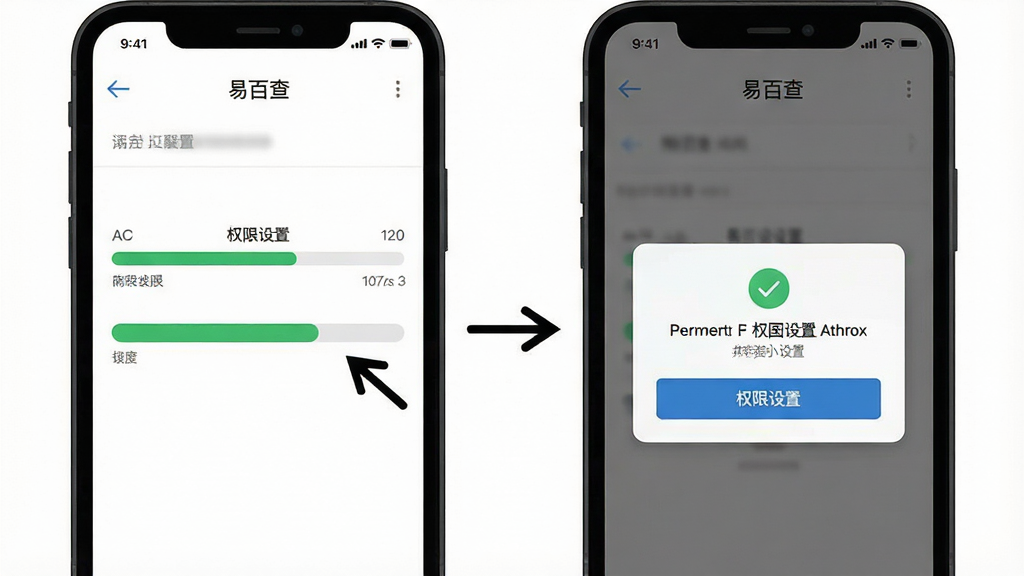 一张展示易百查在手机上安装与权限设置步骤的示意图,画面中手机屏幕显示安装进度条和权限授权弹窗,旁边有简洁的箭头标注操作顺序,背景为纯白色,布局为左右分步展示,风格为扁平化教程风,细节处体现清晰的按钮和提示文字,画质清晰,干净无多余元素。