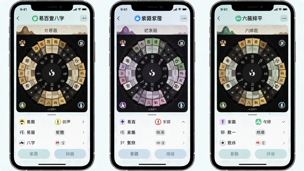 一张展示易百查多元排盘功能的组合图,画面中并排展示三张手机界面截图,分别代表八字、紫薇和六爻排盘界面,每张截图都有独特的排盘表格和参数选项,整体布局为横向排列,风格为清新浅色系,细节处体现不同排盘模块的图标差异,画质清晰,干净整洁,无多余装饰。