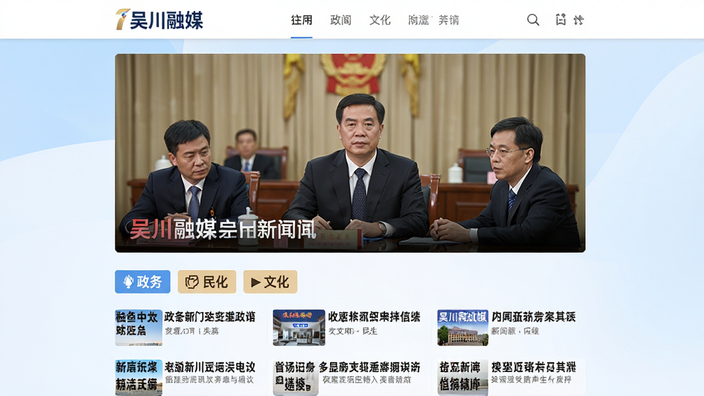 画面主体为“吴川融媒”新闻资讯页面截图,布局为上下结构,上方为头条新闻大图,下方为分类新闻列表,包含政务、民生、文化等标签,背景为淡蓝色渐变,风格简洁商务,细节清晰,画质高清,干净无多余元素
