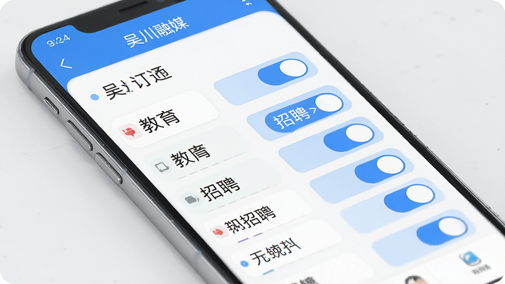 手机界面显示“吴川融媒”订阅管理页面,有多个频道开关按钮,如教育、健康、招聘等,界面以白色和蓝色为主,布局清晰,风格简约时尚,细节明了,画质高清,干净无多余元素