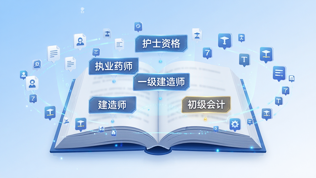 超级题库海量题库功能展示图,画面中一本巨大的电子书展开,书页上漂浮着各类考试名称标签如执业药师、护士资格、一级建造师、初级会计等,书页周围环绕着无数小图标代表题目,背景是柔和的蓝白渐变,主体居中突出,风格科技感与教育感结合,细节清晰,画质干净高清无多余元素