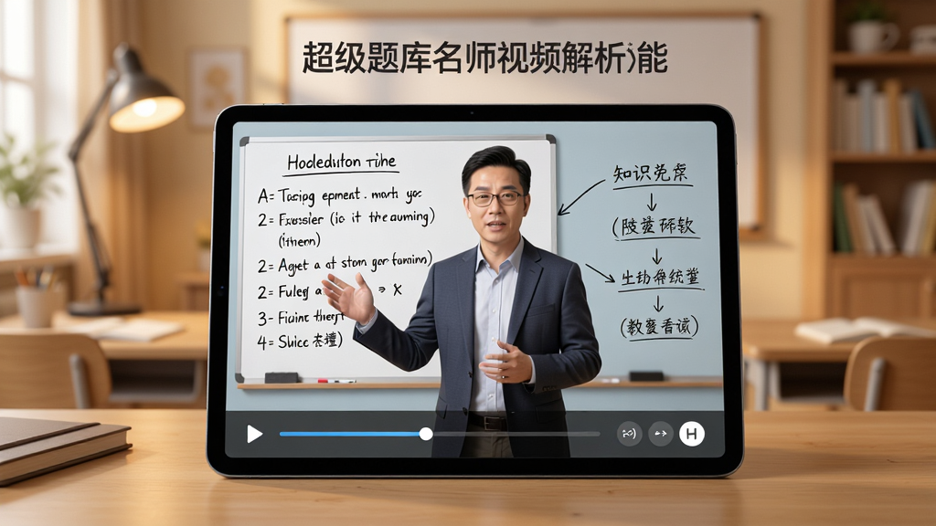 超级题库名师视频解析功能展示图,画面中央是一部平板电脑,屏幕上显示一位讲师正在讲解题目,旁边有板书和知识点标注,平板下方有播放进度条和倍速按钮,背景是温馨的在线课堂环境,布局居中,风格教育科技感,细节丰富,画质高清干净无多余元素