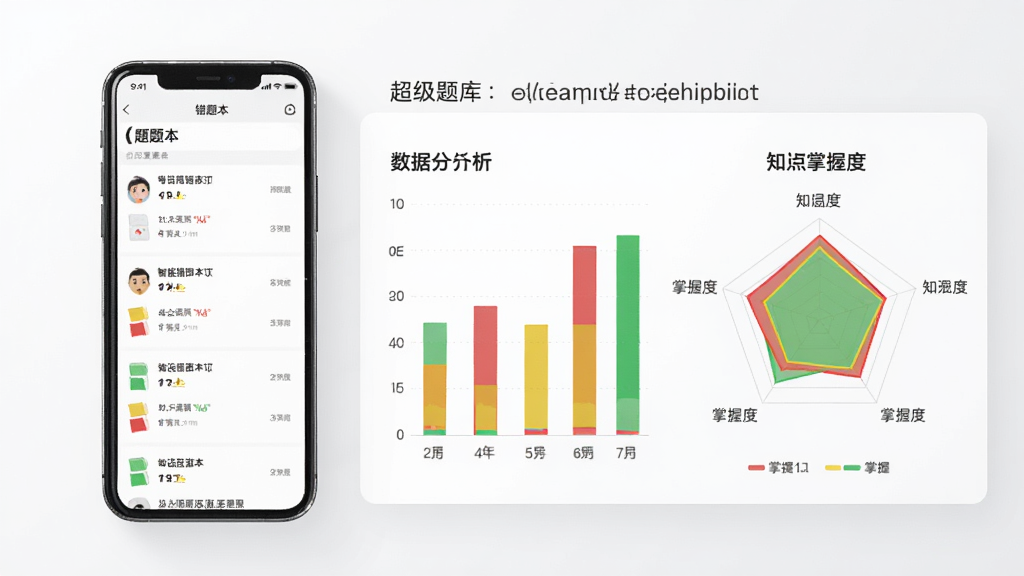 超级题库智能错题本功能展示图,画面左侧是一部手机显示错题本列表界面,右侧是数据分析图表和知识点掌握度雷达图,图表用红黄绿三色标注掌握程度,背景是干净的白灰色调,主体突出数据分析功能,风格专业简洁,细节清晰,画质高清无多余元素