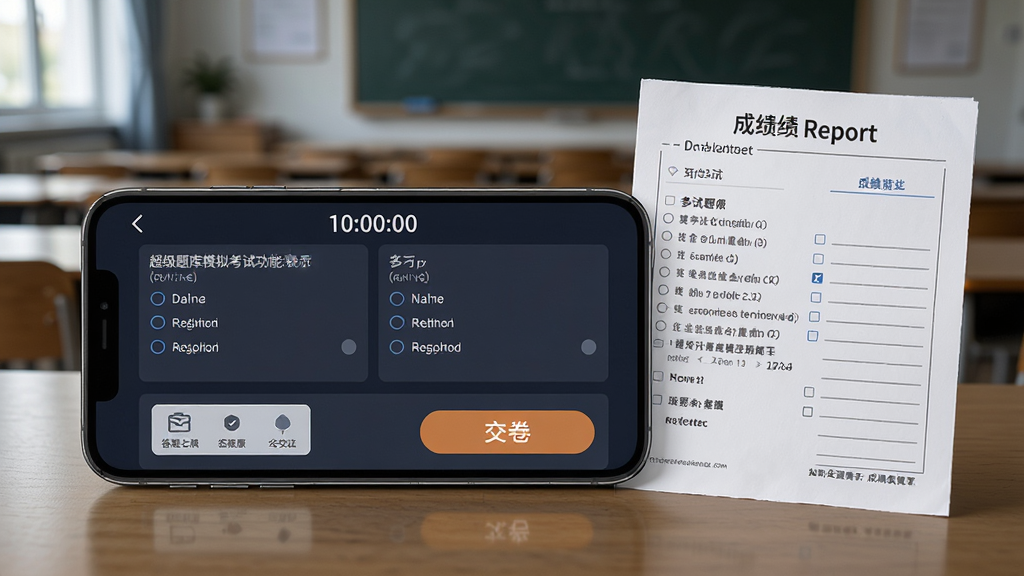 超级题库模拟考试功能展示图,画面中一部手机横屏显示考试界面,顶部有倒计时,中部是单选题和多选题,底部有答题卡和交卷按钮,手机旁边放着一张成绩报告单,背景是安静的考场氛围,布局简洁明了,风格严肃专业,细节清晰,画质高清无多余元素