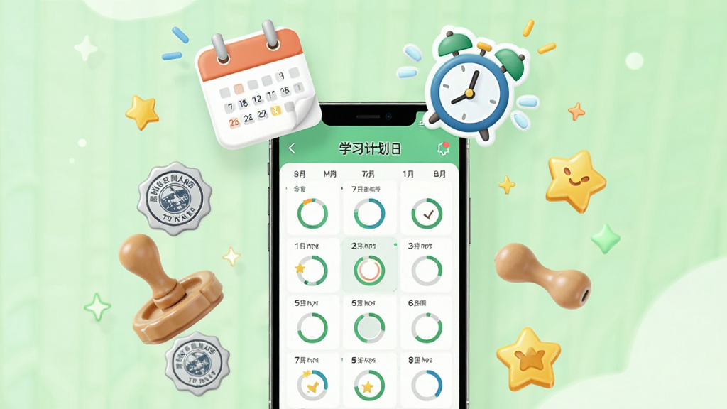 超级题库每日一练与学习计划功能展示图,画面中央一部手机显示学习计划日历界面,每天有打卡标记和进度圈,手机上方漂浮着日历和闹钟图标,周围有打卡印章和积分星星,背景是清新的浅绿色调,风格轻松活泼,细节丰富,画质高清干净无多余元素