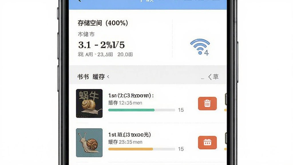 蜗牛阅读离线缓存功能示意图,主体为手机界面显示下载管理列表,布局为上下结构,上方为存储空间概览,下方为书籍缓存条目,排版清晰,风格为简约实用主义,细节包括进度条、删除按钮、WiFi图标,画质高清,画面干净,无多余元素