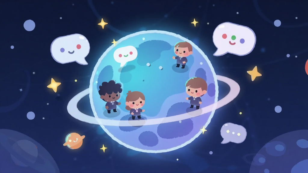 画面中央是一个发着柔和蓝光的星球,星球表面站着几个可爱的小人形象,周围环绕着聊天气泡和星星元素,整体采用扁平插画风格,背景是深蓝色的宇宙星空,画面干净明亮,构图居中对称,色彩以蓝紫色调为主,点缀温暖的黄色星光,高清画质,无多余杂乱元素