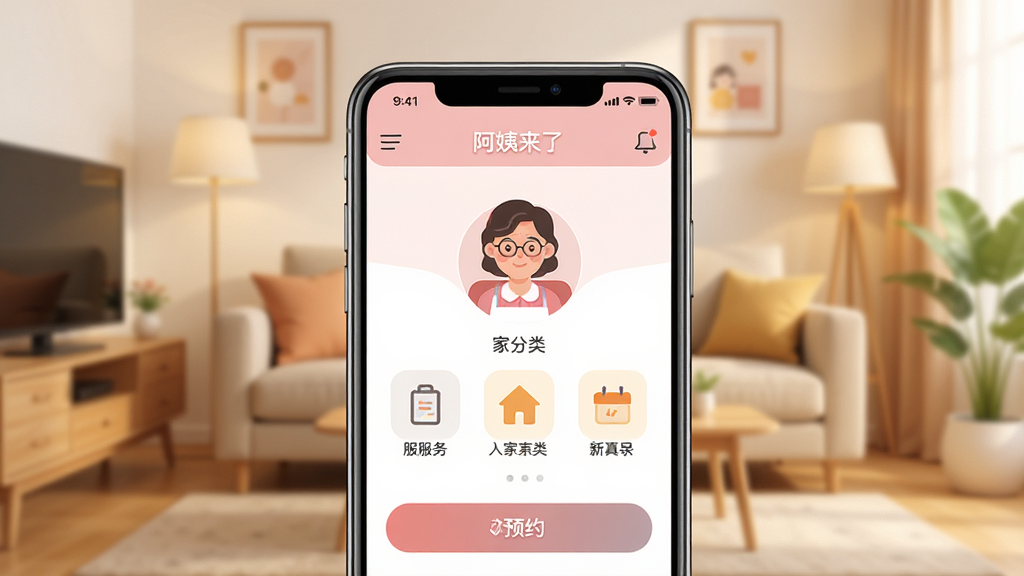 主体为一部智能手机,屏幕上显示“阿姨来了”APP首页界面,布局为手机居中放置,背景为温馨家庭客厅场景,排版简洁,风格为现代扁平化UI风格,细节包括家政阿姨头像、服务分类图标、预约按钮,画质高清,干净,无多余元素